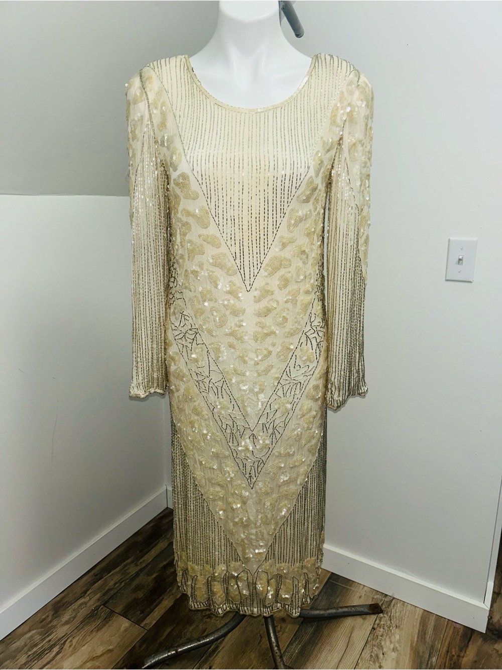 Vintage Art Deco Silk Heavily Beaded Dress Mid Length Ivory Wedding